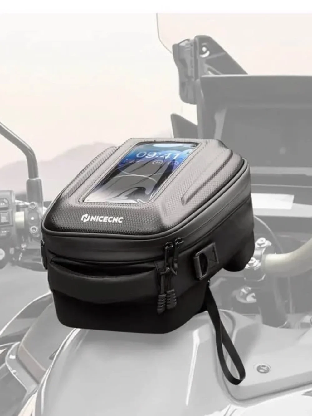 Black Motorcycle Tank Bag with Phone Pocket